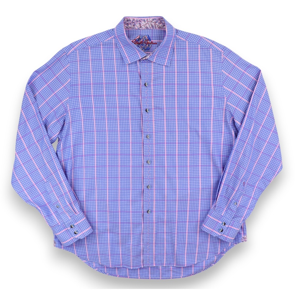 Robert‎ Graham Shirt Mens 2XL Blue Pink Houndstooth Checks Cotton Long Sleeve